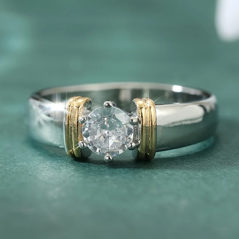 1pcs Fashionable and Exquisite Two-Tone Ring with Round Synthetic Zirconia An Elegant Daily Accessory and Wedding Jewelry
