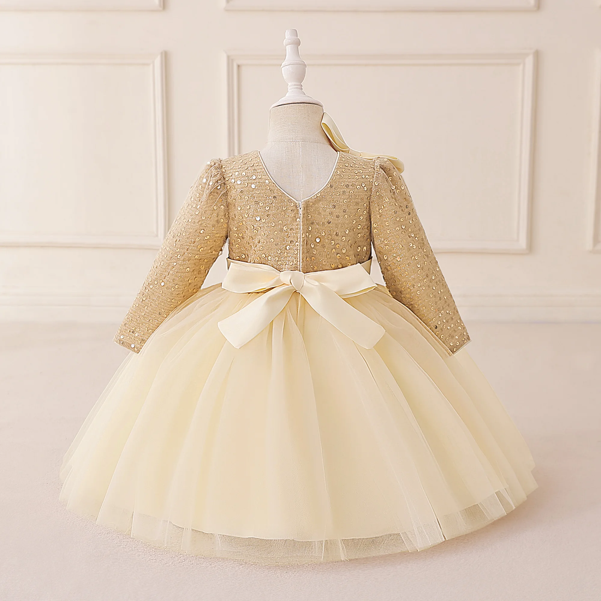Toddler Bow Wedding Party Baby Girl Dress Elegant Sequin 1st Birthday Princess Dress for Girls Long Sleeve Bridesmaids Prom Gown