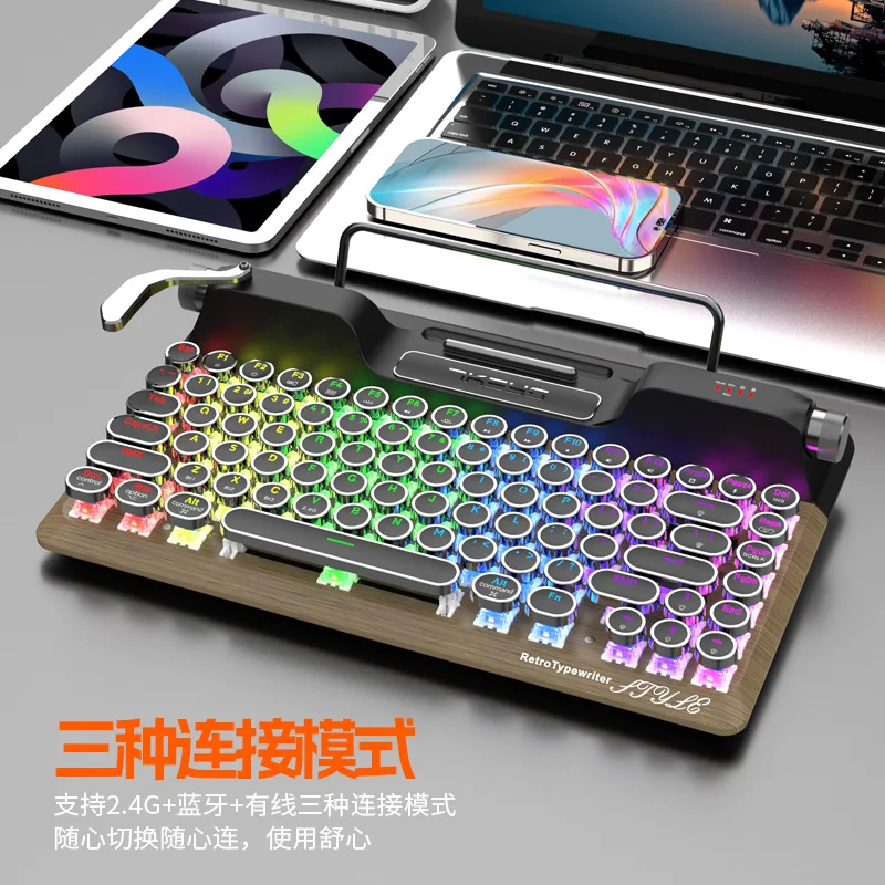 Vintage typewriter keyboard Bluetooth the third mock examination connection Steampunk pluggable shaft charging round keycap mech