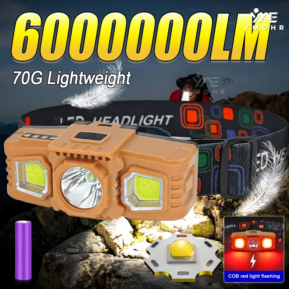6000000LM HEAD Light COB Red Head Flashlights 70G EDC Portable Lamp LED Headlamp 18650 USB Head Torch Light for Climbing Outdoor