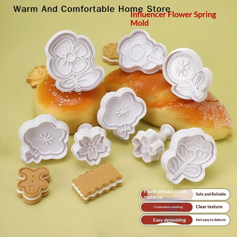 【SE】4Pcs/Set 3D Flower Pattern Plastic Biscuit Mold DIY Kitchen Cake Decorating Tools Cookie Cutter Stamp Fondant Embosser Die