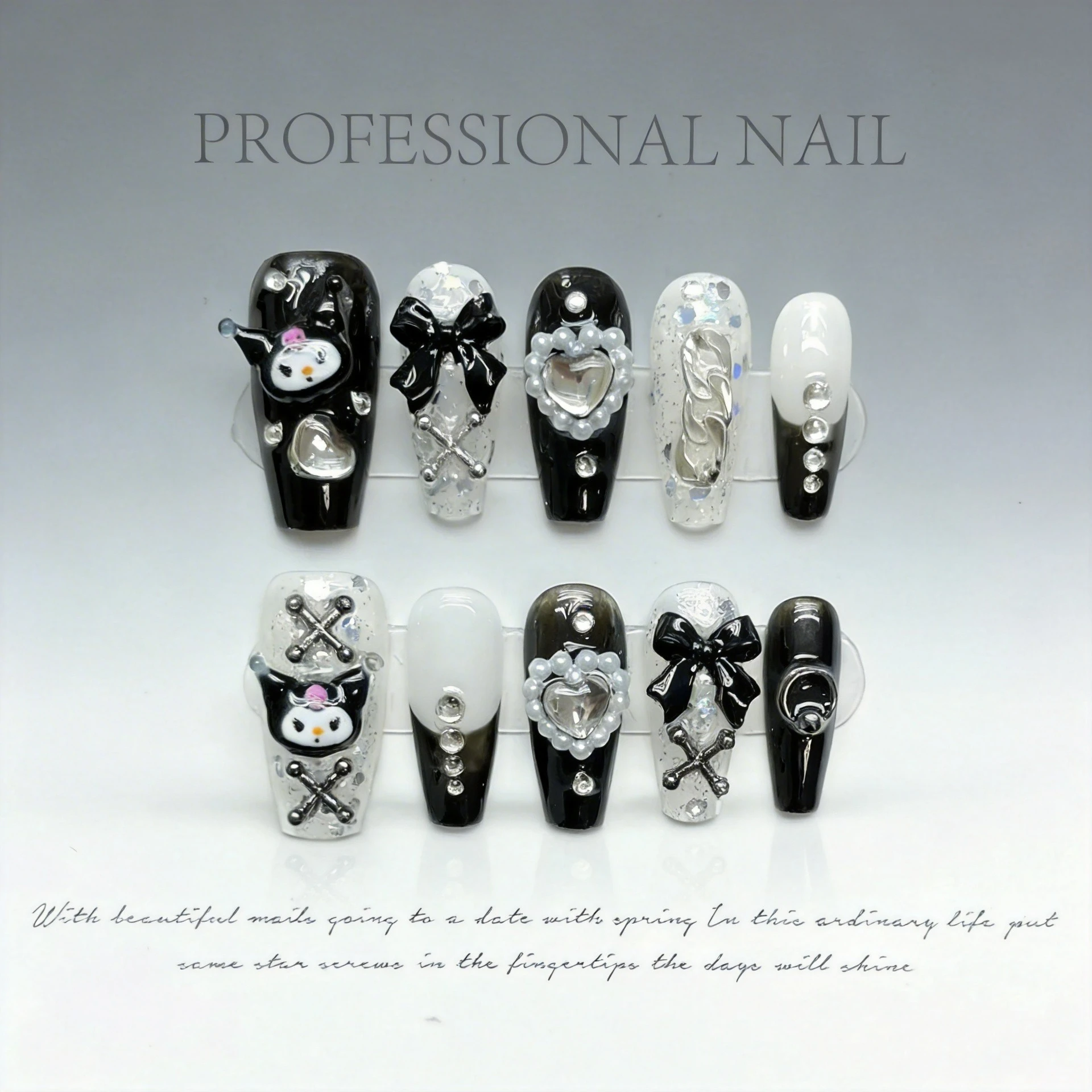 10 pcs Luxury Handmade Press on Nails Middle Ballet Dark Lori Design False Nails with 4-PIECE Tool Adhesive Nail Glue Tabs