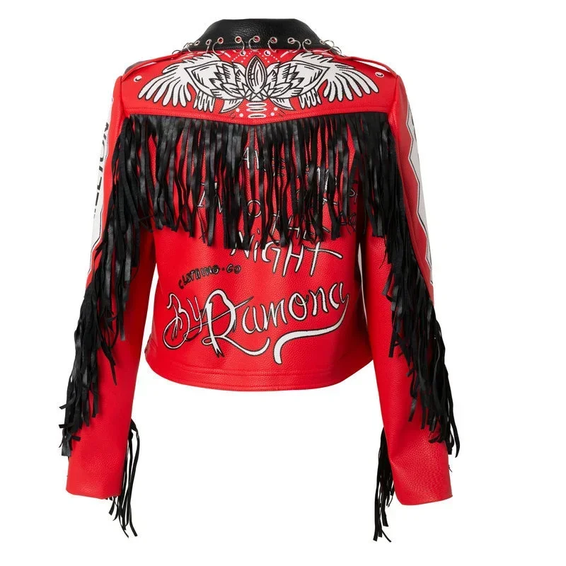 Streetwear Contrast Fringed Cropped Leather Jacket for Women 2024 New Slim-fit Zipped Printed Red Faux Leather Motorcycle Jacket