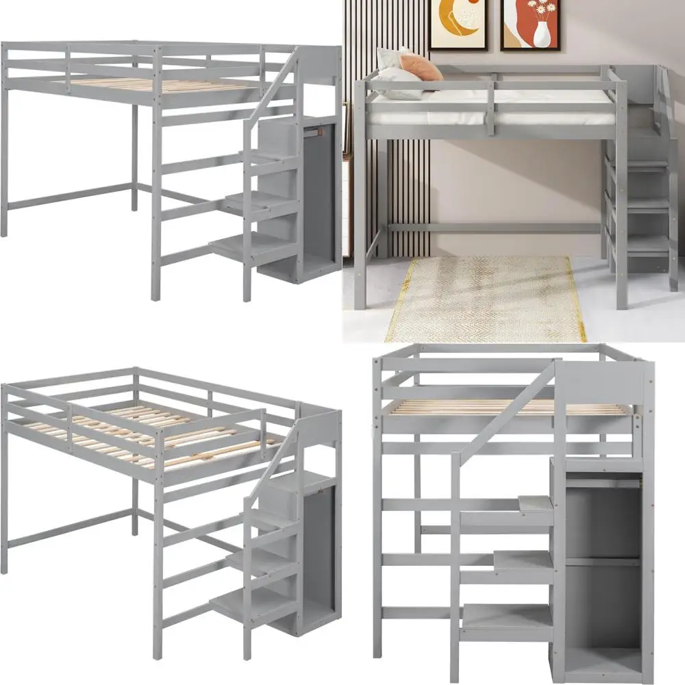 

Gray Full-Size Wooden Loft Bed with Stairs and Storage for Kids, Teens, and Adults