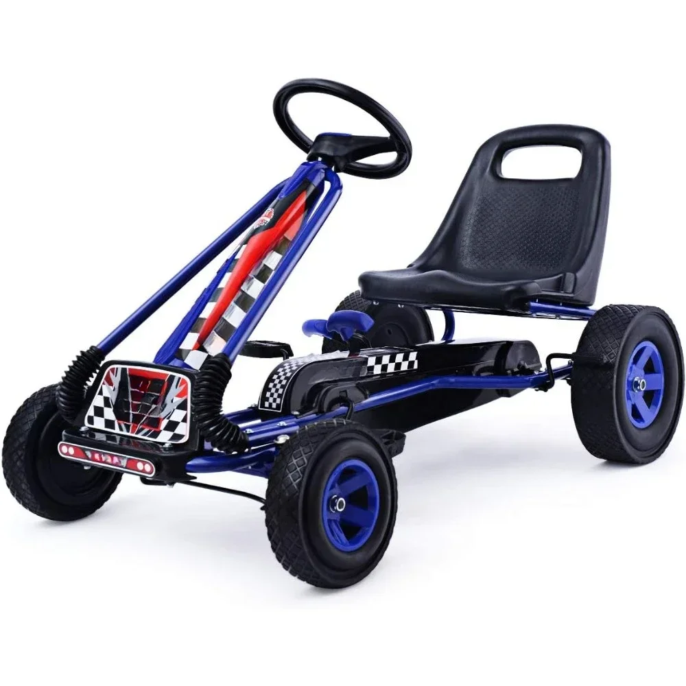 Go Kart for Kids, 4 Wheel Off-Road Pedal Go Cart w/Adjustable Seat, 2 Safety Brakes, EVA Rubber Tires,Outdoor On Pedal Car