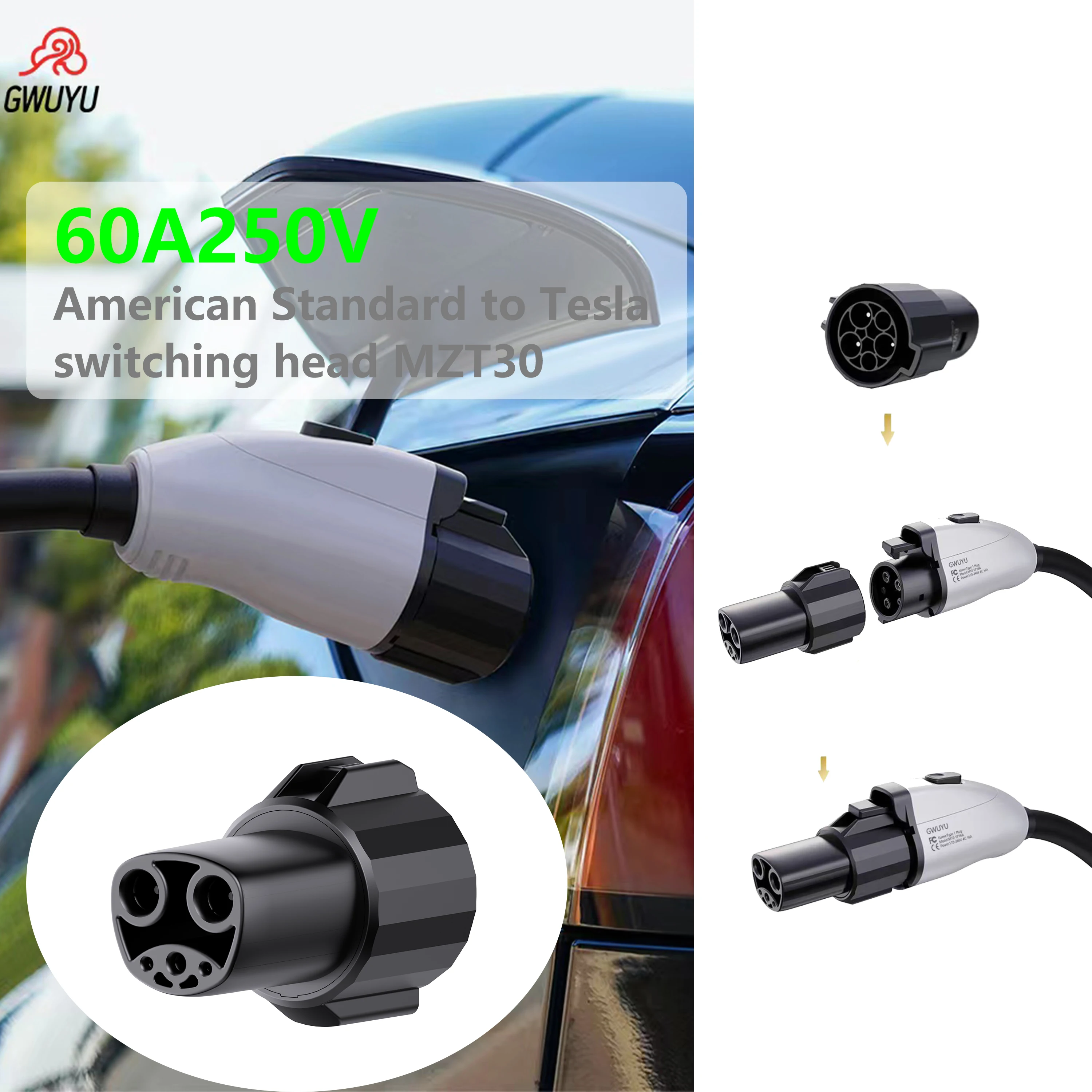 GWUYU SAE J1772 to Tesla Charging Adapter 60A 250V AC EV Charger Connector for Model 3 S X Y NACS Compatible Waterproof IP54