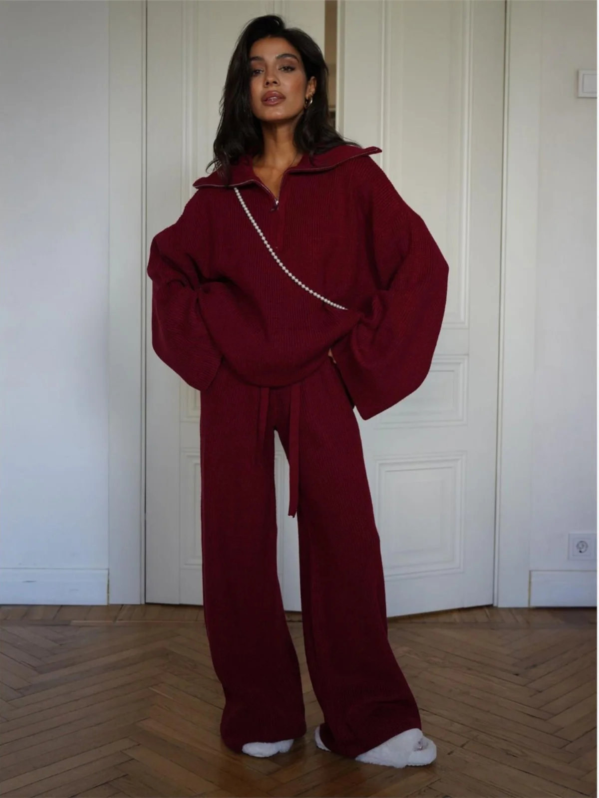 

f-Zip Sweater Straight Leg Pants Two-Piece Set Long Sve Faion Ensemble for Young Women Autumn Collection