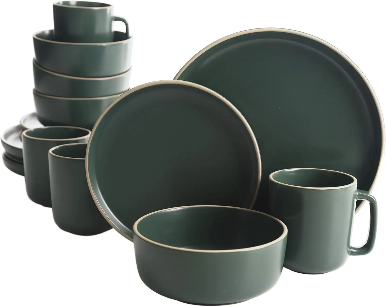 

16 Piece Round Kitchen Dinnerware Set, Dishes, Plates, Bowls, Mugs, Service for 4, Matte Stoneware, Green