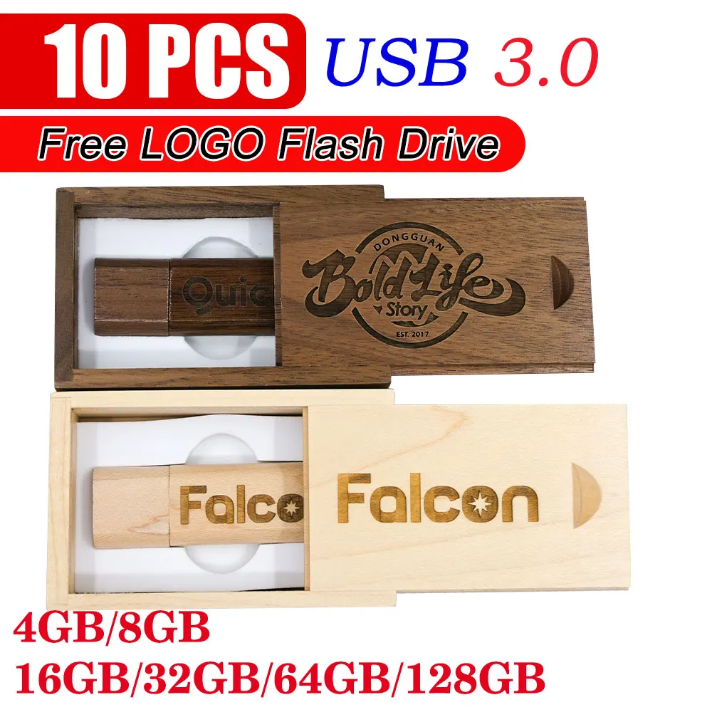 10 PCS LOT USB 3.0 Wooden USB With Box USB Flash Drive Pendrive 4GB 8GB 16GB 32GB 64GB Memory Stick For Gift Free Custom LOGO