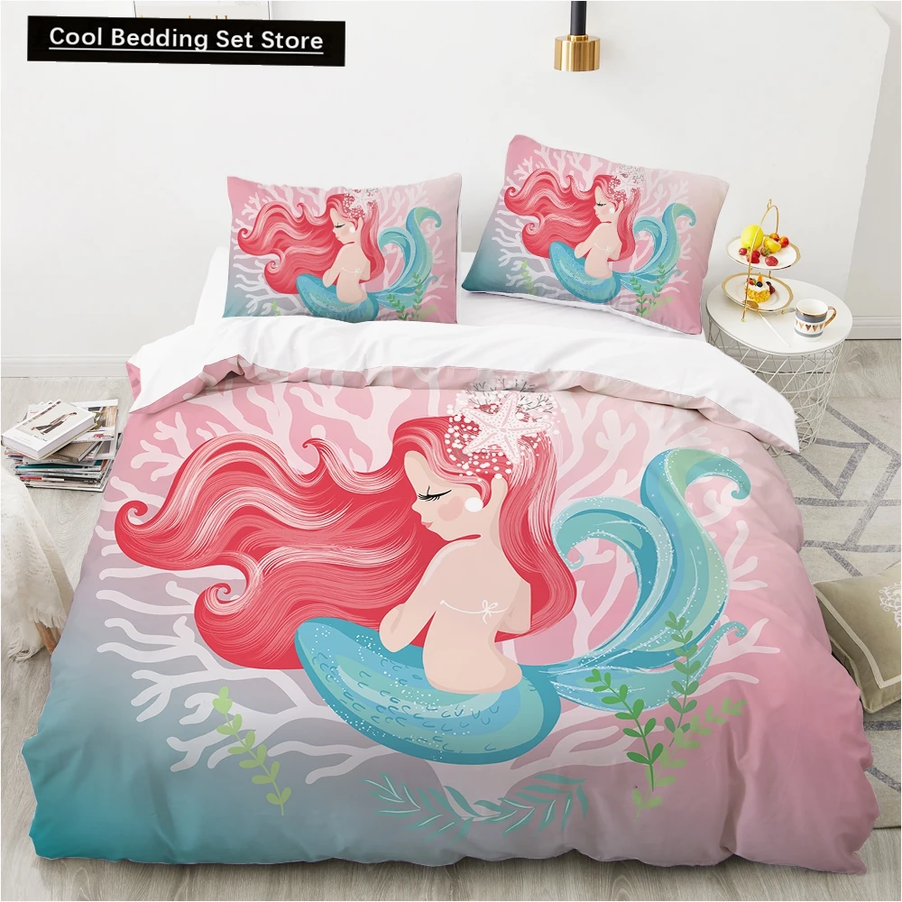 

Cartoon Mermaid Girl King Queen Duvet Cover Beautiful Lovely Mermaid Princess Print Bedding Set Kid 2/3pcs Polyester Quilt Cover