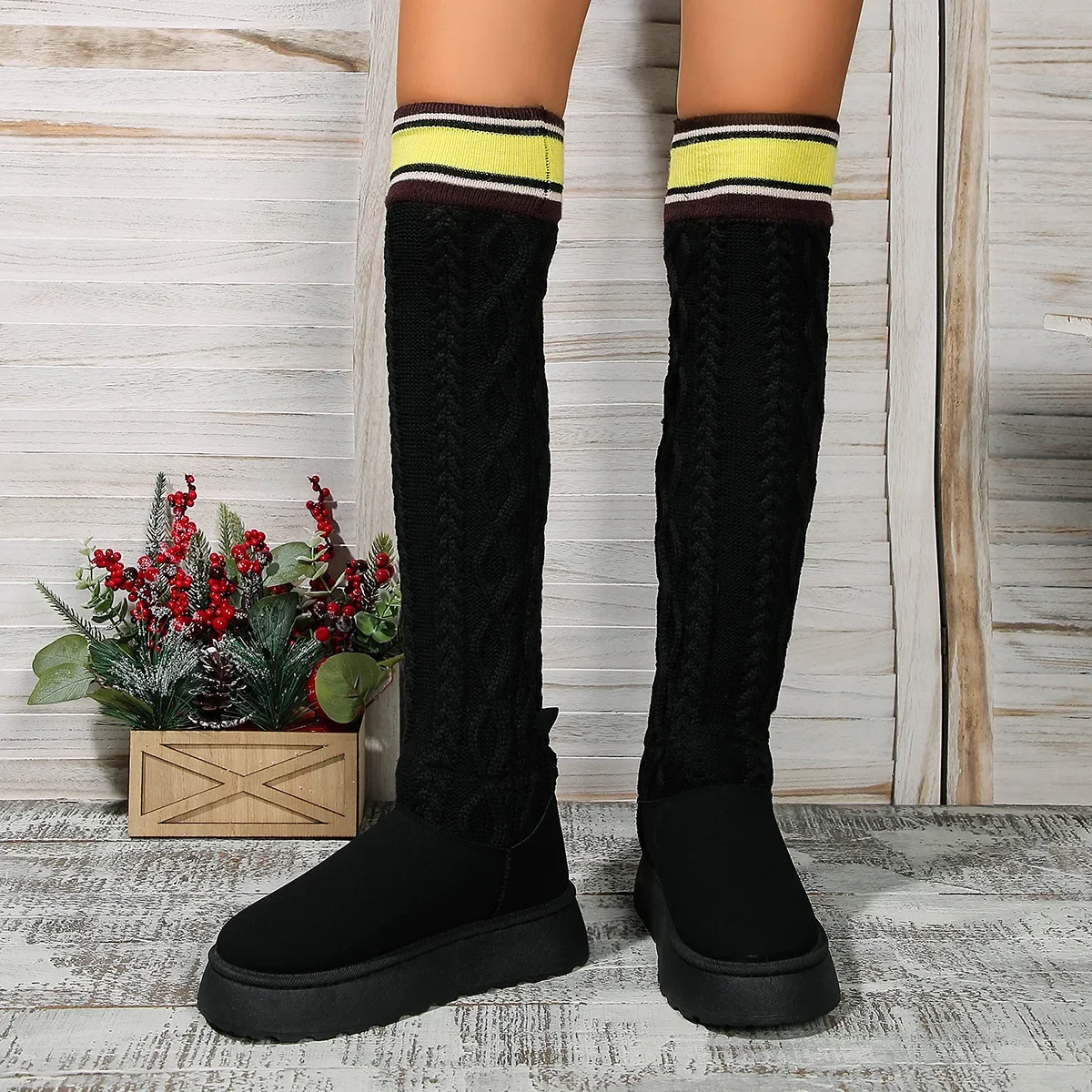 2024 New Thick Sole Knitted Long Boots for Women Fashion Elastic Over Knee Socks Boots Round Toe Plus Size 44 Botas De Mujer