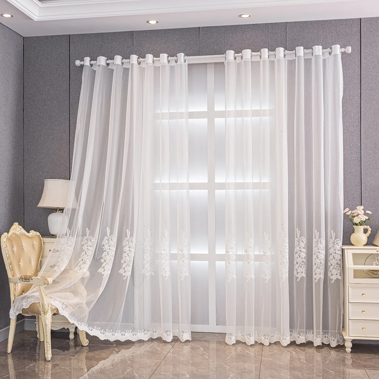 1pc French Embroidered Sheer Curtain with Pearl Hooks, Bedroom Living Room Balcony Divider, Finished Window Curtain