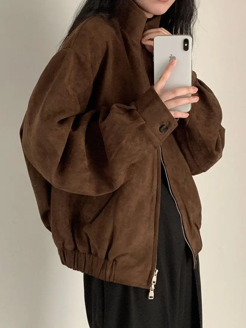 Stylish Suede Jacket Women's Loose Fit Autumn Winter New Lazy Style Outerwear Slimming High-End Feel Trendy Zipper Closure ...