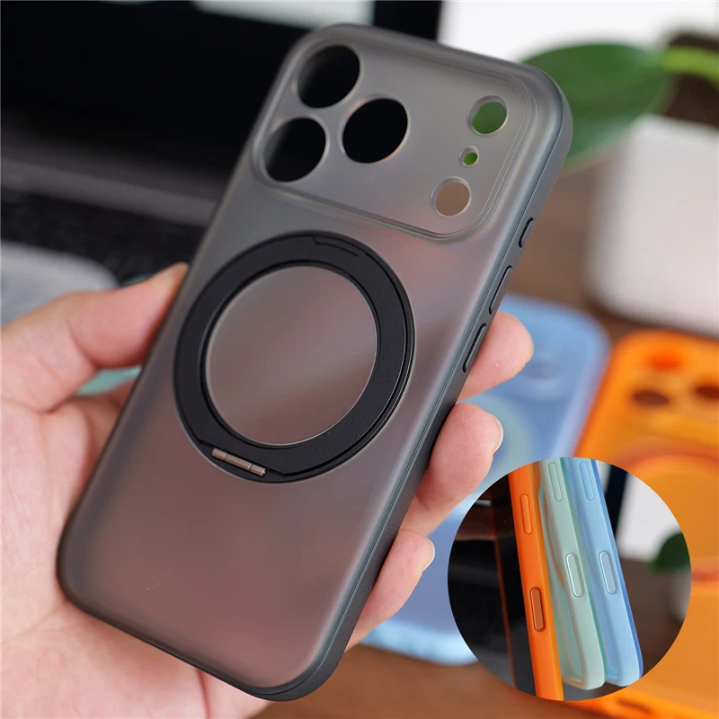 Magnetic Rotating Holder Full Lens Protection Matte Phone Case for iPhone 17promax 16Pro 17Pro For Magsafe Hard Shockproof Cover