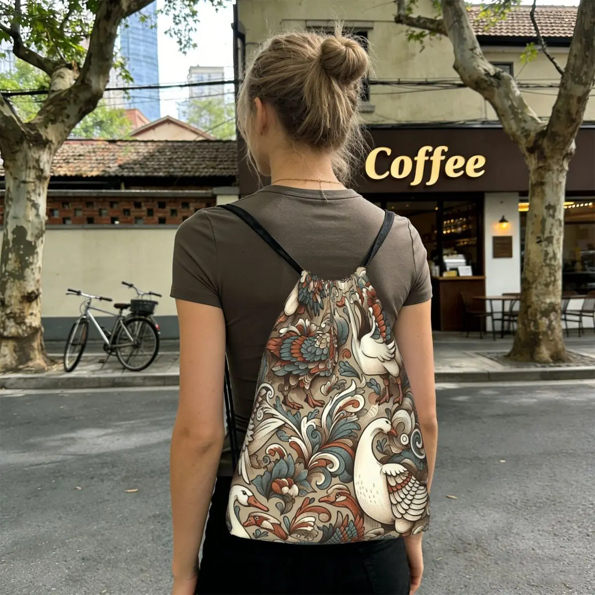 Colour Goose Cartoon Pattern Backpacks Multi-function Drawstring Bundle Pocket Sundries Bag Book Bags for Man Woman Students