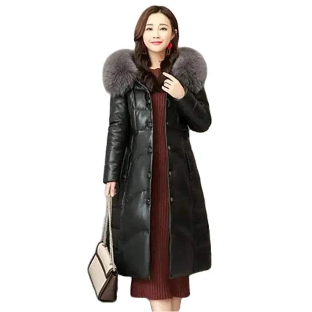 Winter Haining Fashion Fur Female Imitation Fox Fur Collar Temperament Long Hooded Warm Cotton-padded Jacket Slim Slimming  Coat