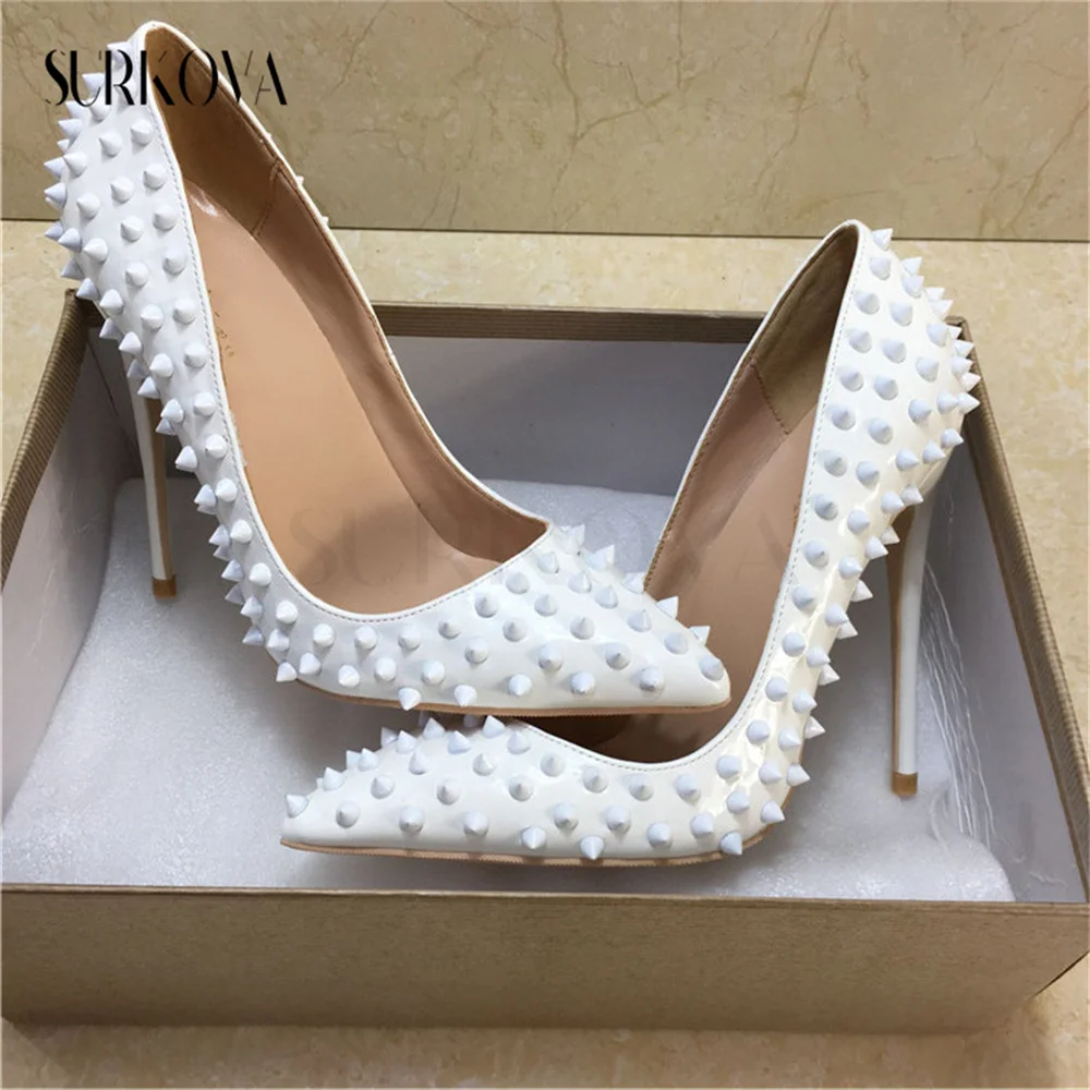 

White Rivet Shallow Leather High Heels Pumps 8/10/12Cm Point Toe Thin Heel Shoes Soft Leather Fashion Stilettos Women's Shoes