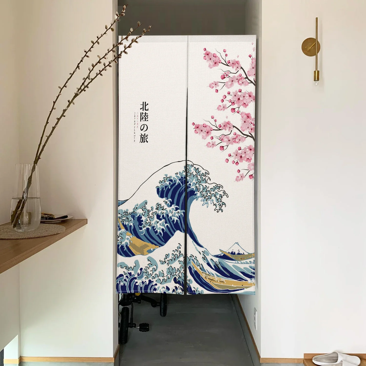 Ocean Waves Japanese Door Curtain Cherry Blossoms Doorway Curtains River Linen Drape Noren Restaurant Decor Hanging Half Curtain