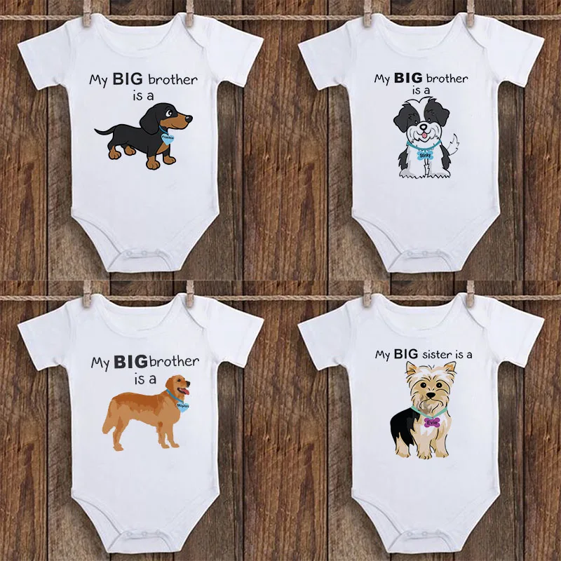 Newborn My Big Brother Is A Dachshund Funny Print Jumpsuit Baby Romper Cute Dog Sibling Shirt Baby Shower Gift for Boys or Girls