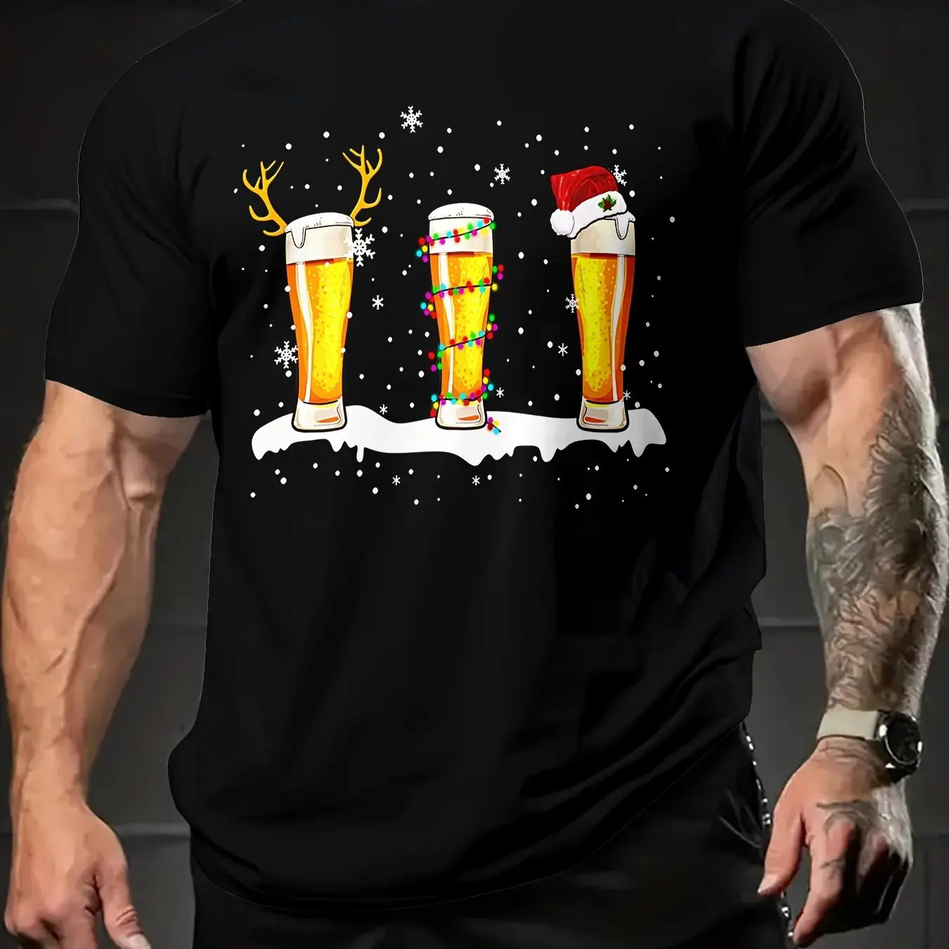 

New Year Party Beer Print Men's T-Shirts Christmas Elements Pattern Short Sleeve Tops Outdoor X'mas Party Pullover Men Clothing