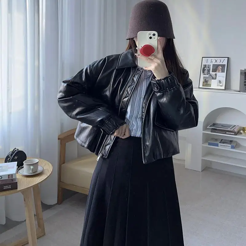 Sli ort Goose down Jaet Women's PU Leather Coat with Emed Letters Collar Autumn Winter Faion High End Selfwill