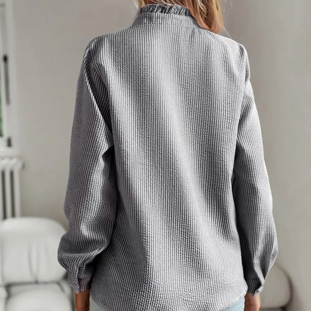 Elegant Women Long Sleeve Blouse Spring Autumn Office Work Shirt Ruffle Trim Button Up Slim Fit Casual Elegant Tops