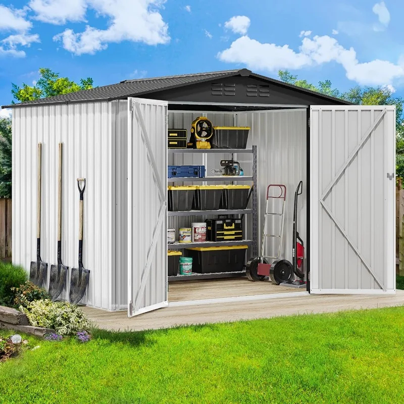 8'x6' Large Metal Outdoor Storage Shed, Heavy Duty Tool Storage Sheds for Backyard Patio Lawn - Ideal for Bicycles, White