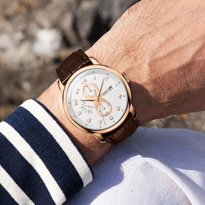 LOBINNI Men Automatic Watch 41mm Luxury Mechanical Wristwatch Luminous 5ATM Waterproof Sapphire Butterfly Clasp Multi-Func Dial