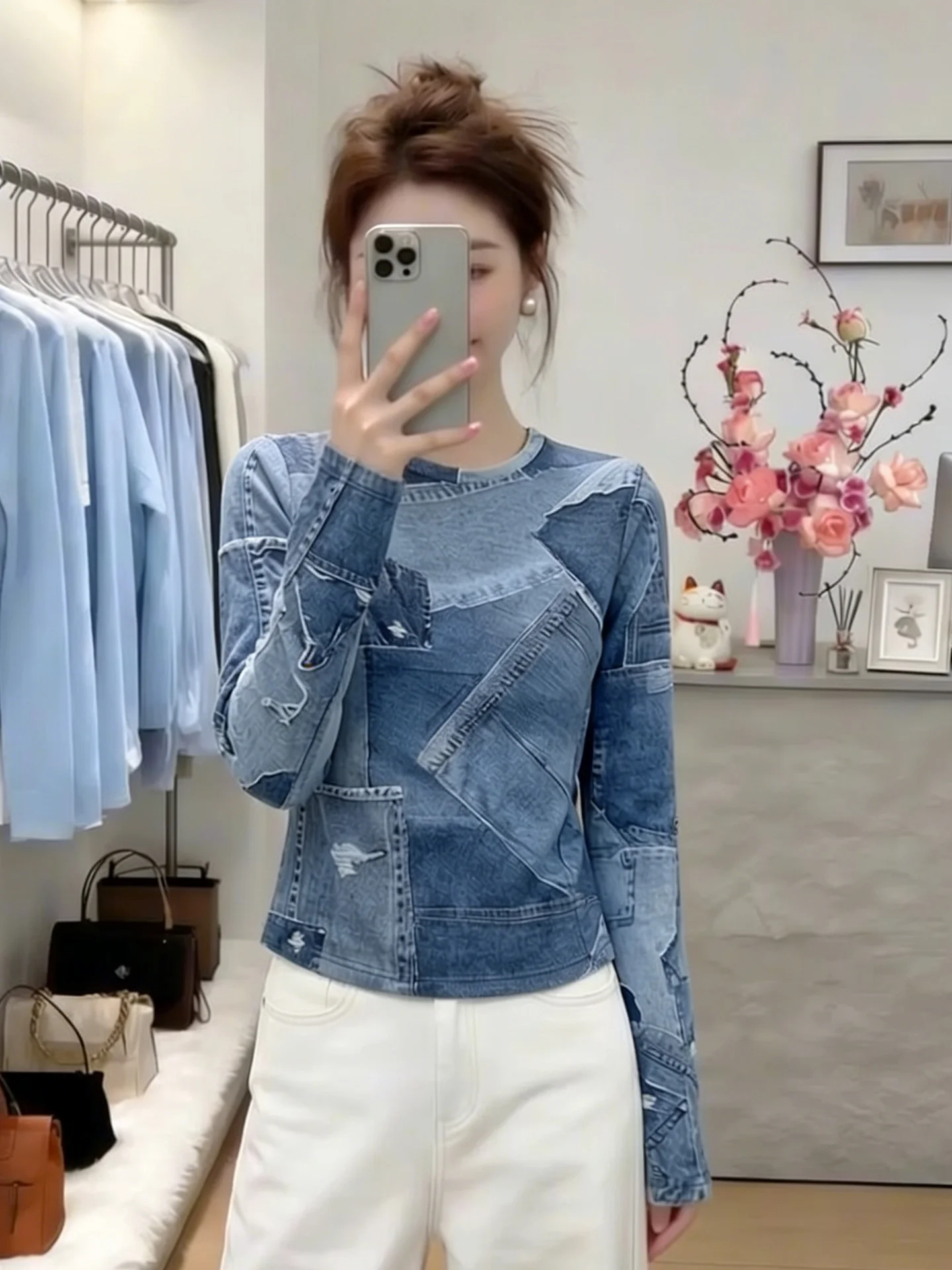 Slim Fit Long Sleeve round Neck T-Shirt Women's Base Shirt Ultra Thin Printed Design Casual Style Spring Autumn Fashion Top