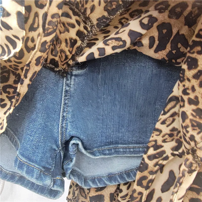 American Retro Leopard Print Skirt, Women's Summer Irregular Splicing Spice Girl Elastic Denim Cake Skirt, Short Jupe Femme