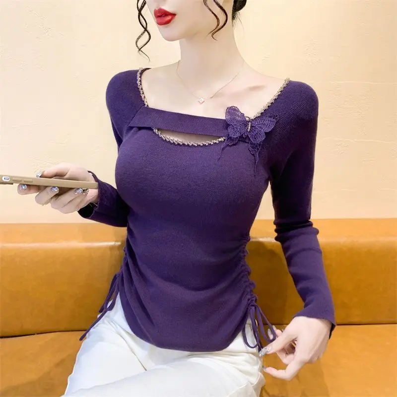 Long-sleeved Square Neck Three-dimensional Butterfly Pleated Drawstring New Style Sweater Sweater Bottoming Top Trendy Pullover