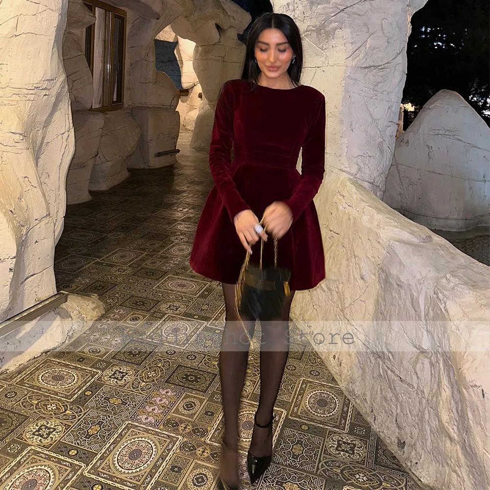 Customized Burgundy Velvet Cocktail Dresses for Women Boat Neck Long Sleeve Holiday Dress Mini A Line Elegant Dinner Gowns Short image 3