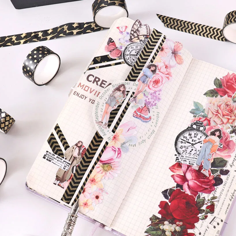 12 Gulungan Selotip Washi Emas Hitam Perlengkapan Buku Tempel Selotip Foil Emas Stempel Cinta Adhesiva Decorativa Selotip Washi Diary