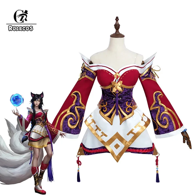 

ROLECOS Game LOL Nine-tailed Fox Ahri Cosplay Costume Ahri Cosplay Wig Game LOL Ahri Costume Women Red Dress Full Set