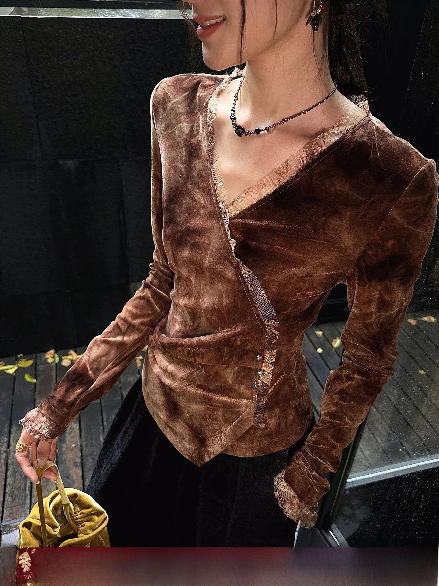 

Sl Long Sve Tie Dye Lace Blouse Base irt T irt Women's Casual Faion High Waist V Ne Polyester Spandex Blend