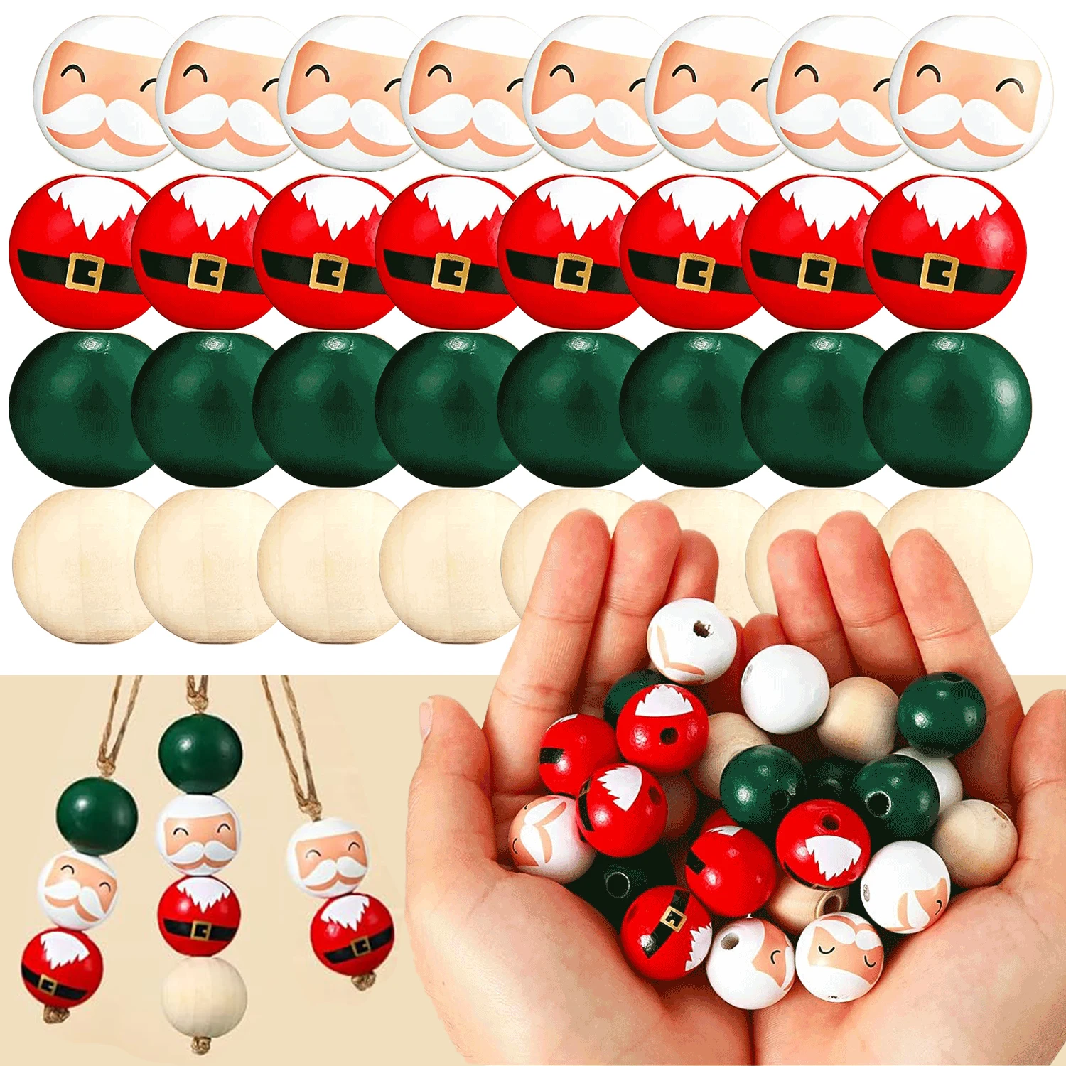 40/80/120Pcs 20mm Christmas Wood Beads Santa Wooden Bead Christmas Round Beads Winter Loose Round Bead Red Green Natural Woodens