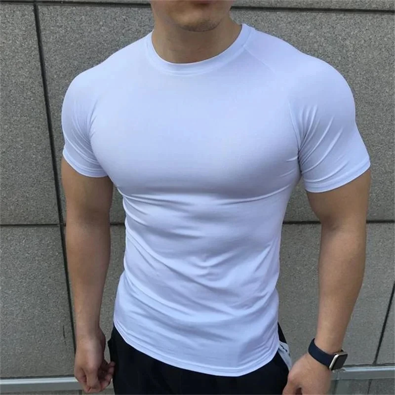 2024 New Men Summer Short Sleeve Fitness Shirt Running Sport Gym Compression T Shirt Workout Casual Elastic Force Tops Clothing