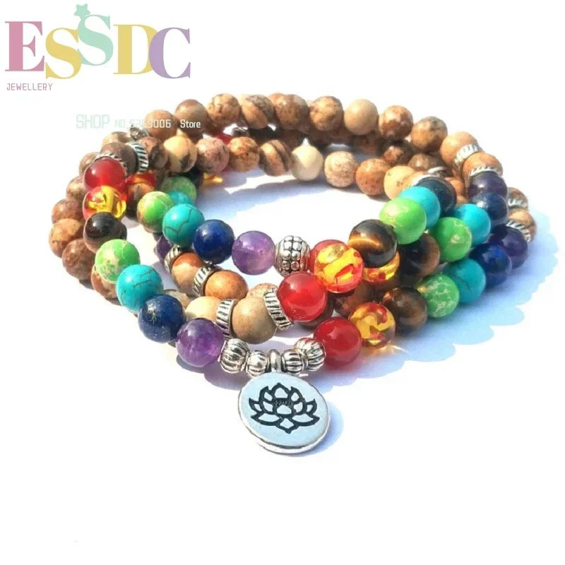 Fashion Lotus Charm Energy Seven Chakra Yoga 108 Mala  8mm Natural Picture Stone Bracelet or Necklace Wholesale Jewelry
