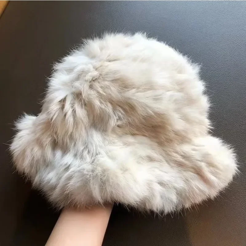 قبعة شتوية من القطيفة للنساء، قبعة دافئة من فراء الأرانب، محيط الرأس الكبير، وجه لطيف، قبعة حوض فروي