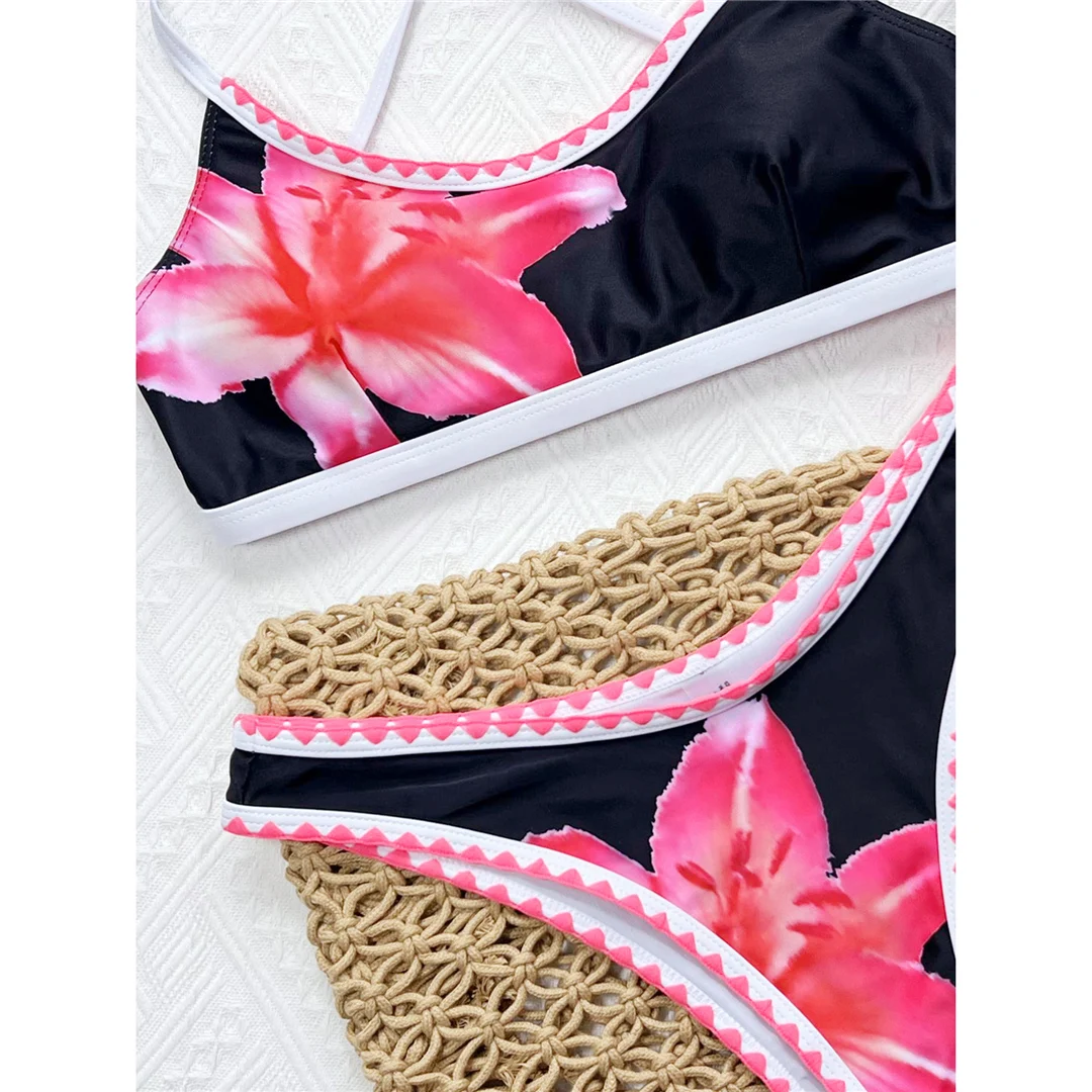 Sexy, mit Blumenmuster bedruckter, brasilianischer Bikini, Damen-Badeanzug, zweiteiliges Bikini-Set, gepolsterter Badeanzug, Badebekleidung, Modell V6705. – Detail 20