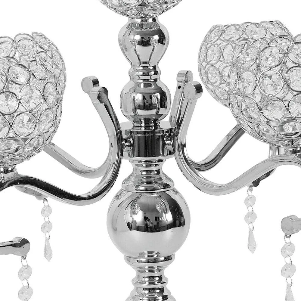 5 Arms Crystal Candelabra Centerpieces Silver Candle Holders Elegant Metal Candelabras with Crystal Drops Candlestick Holders