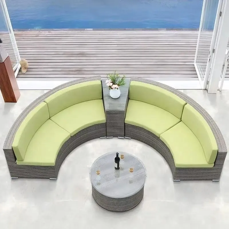 Curved Modular Outdoor Wicker Sofa Set PE Rattan Light Green Cushion Side Table Round Glass Coffee Table Poolside Terrace