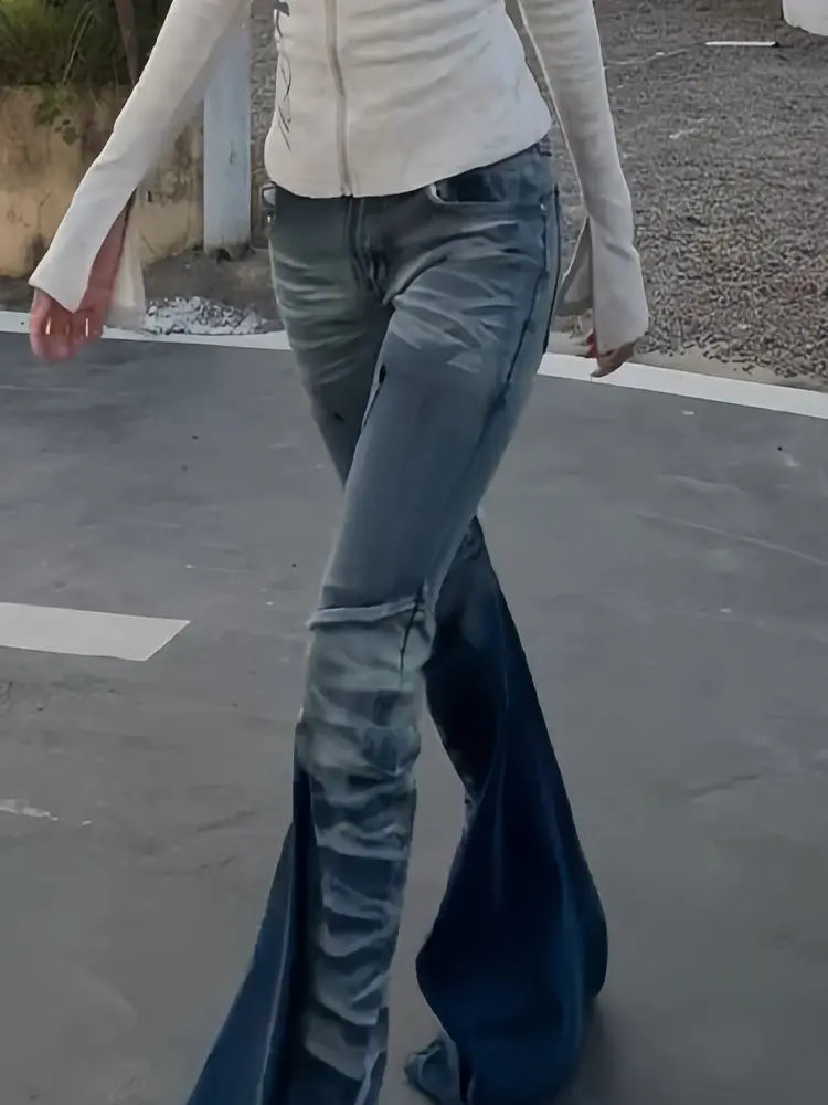 Women’s Vintage Washed Gradient Blue Jeans Streetwear Sexy Cool Girl Denim Trouser Female Pleated Design Bell-bottom Pants
