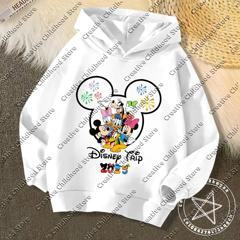 Disney Kawaii 2025 Fashion Disneyland Trip Vacation Clothes Caricature Hoodie Children Top Cartoons Girl Clothes Boy Disney Kids