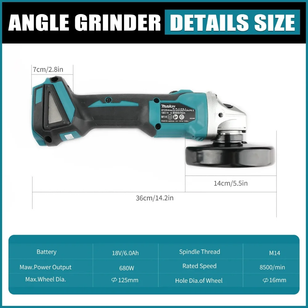 Makita DGA404 125mm/100mm Brushless Lithium Electric Angle Grinder Rechargeable Cutting Machine High Power Polishing Machine