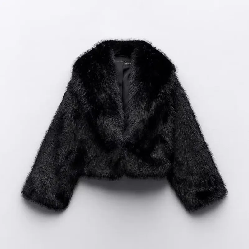 

Fluffy Wide Lapel Black Short Faux Fur Jacket Fashion Full Sleeve Oversized Cropped Jacket 2025 Winter New High Street Outerwear