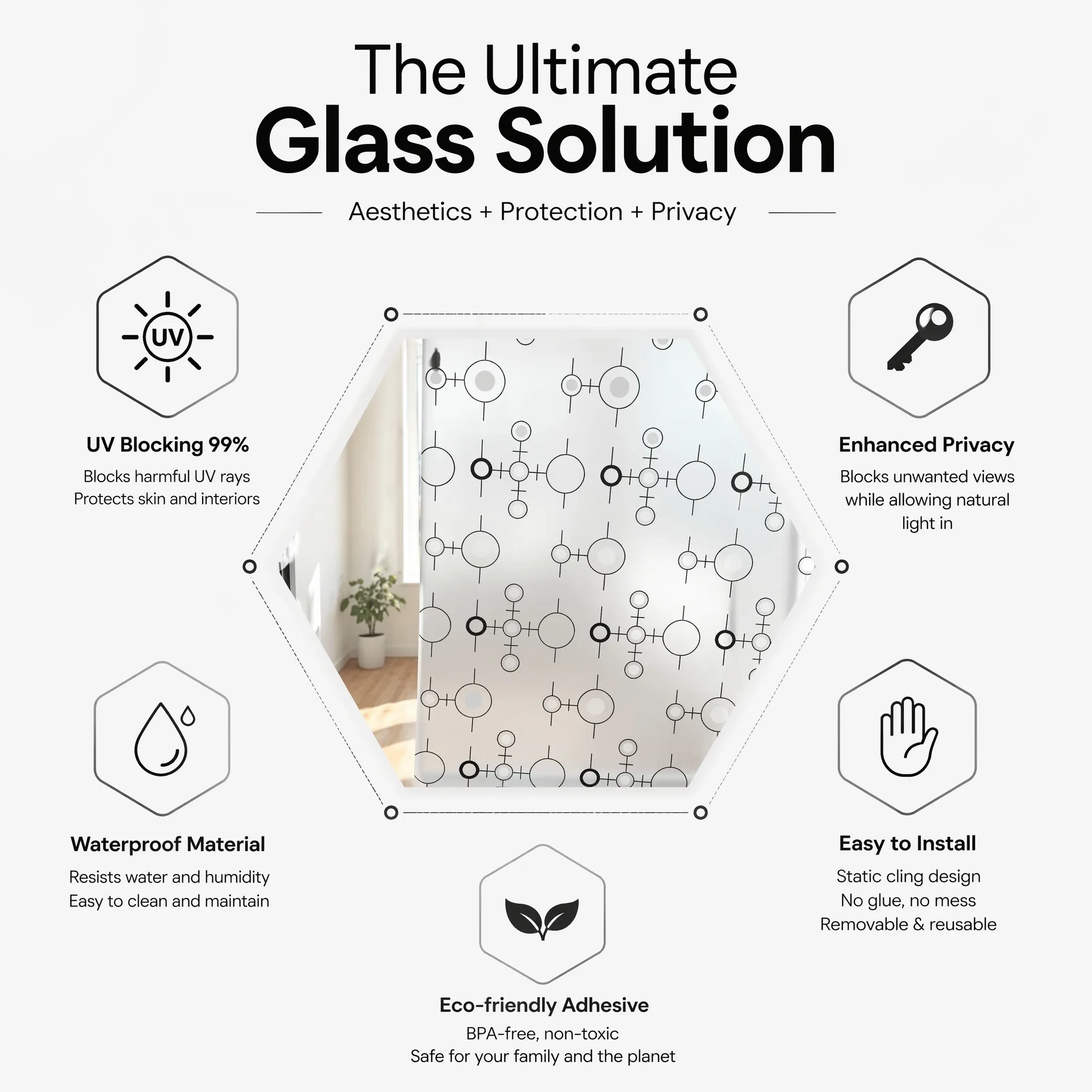 Self-Adhesive Modern Molecular Circle Frosted Window Film, Waterproof 95% Privacy Removable No Residue Geometric Glass Sticker f view 6
