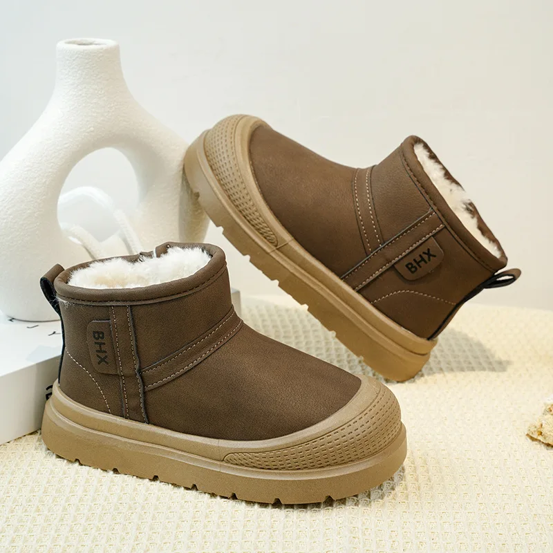 Kids'Snow Boots Solid Color PU Leather Fashion Winter Flat Shoes For Children Anti-slip Warm Grey Brown Shoes Size 26-37