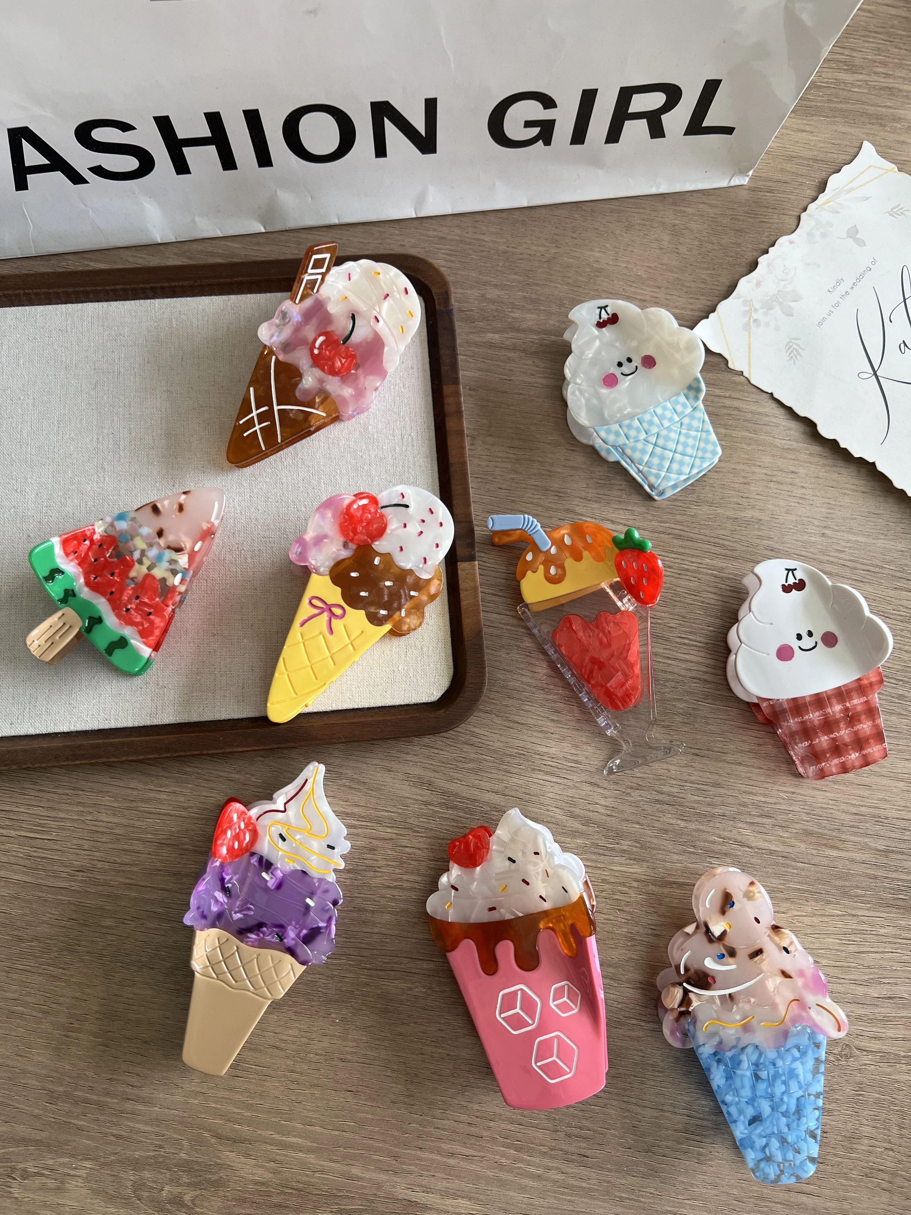 Заколки для волос с когтями для мороженого и холодного напитка. Уникальный и повседневный летний семейный стиль. Ацетат, ручная работа. Высокое качество. Мода -