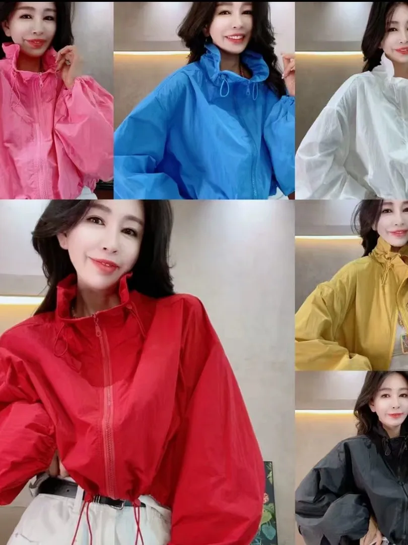 Summer 2026 Women's Loose Fit Short Lightweight Stand Collar Drawstring Candy Color Outerwear Fashionable Casual Versatile Su...